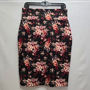 Kristin Nicole Womens Pencil Skirt Pink Black‎ Floral Stretch Size L Office Wear